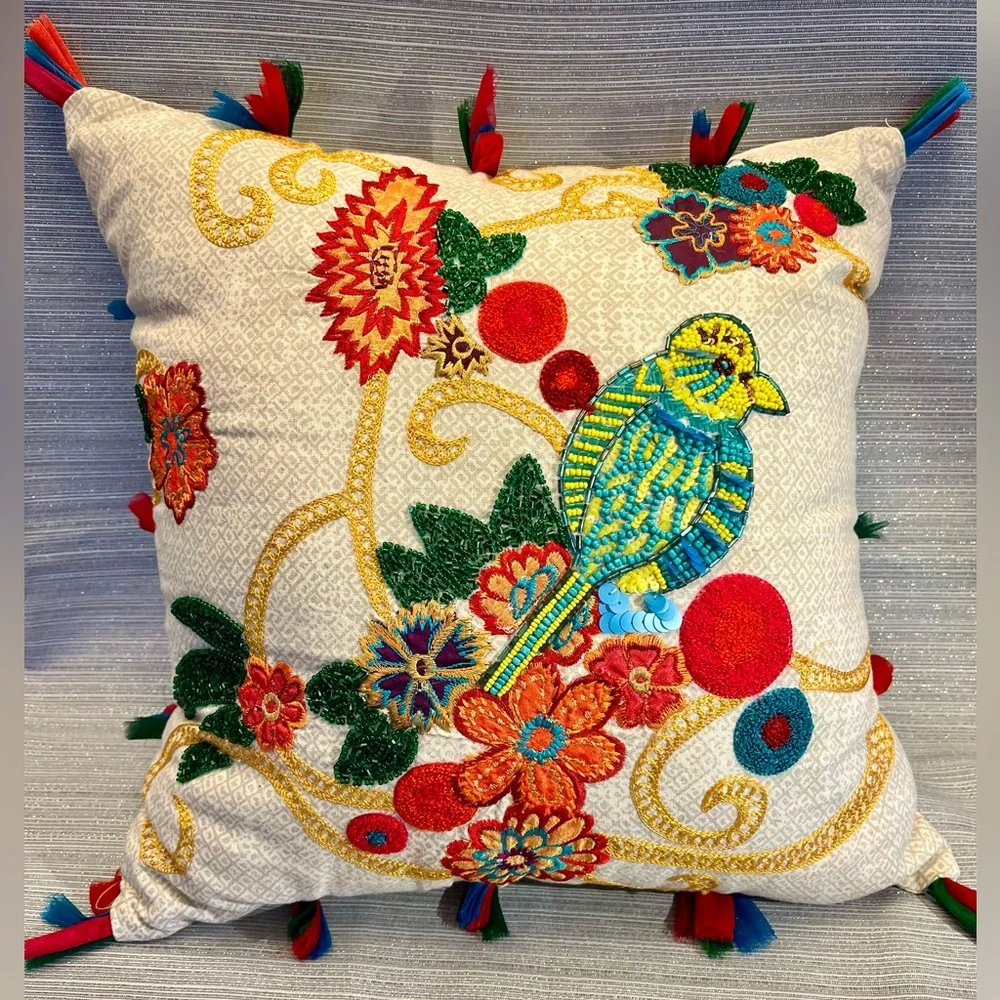 Arhaus Throw Pillow Beaded & Embroidered Bird Flowers GORGEOUS 16x16”